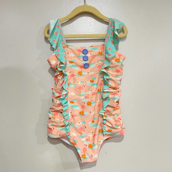 Matilda Jane flamingo swimsuit 6 girls ruffle trim slip and slide